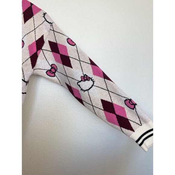 Hello Kitty Argyle Knit Cardigan Sweater Pink Burgundy Preppy Coquette Mall Y2K - Picture 3 of 8